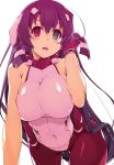  asama_tomo bare_shoulders blue_eyes breasts commentary_request covered_navel fingerless_gloves gloves hair_ornament heterochromia kyoukaisenjou_no_horizon large_breasts leotard long_hair looking_at_viewer open_mouth pantyhose purple_hair red_eyes shikei sleeveless solo 