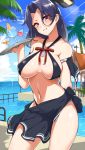  aoi_renji bare_shoulders bikini black_bikini blush breasts breasts_apart commentary_request covered_nipples cup day drinking_glass eyebrows_visible_through_hair eyes_visible_through_hair hair_intakes highres kantai_collection large_breasts lens_flare light_rays looking_at_viewer mechanical_halo navel outdoors palm_tree parted_lips purple_eyes purple_hair sarong shiny shiny_hair shiny_skin short_hair smile solo standing sunbeam sunlight swimsuit tatsuta_(kantai_collection) teeth tray tree water 