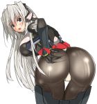  1girl android armor artist_request ass ass_grab blue_eyes blush bodysuit breasts cameltoe deep_skin from_behind gloves headgear horizon_ariadust huge_ass kyoukaisenjou_no_horizon long_hair looking_at_viewer looking_back open_mouth pantyhose shiny shiny_clothes shiny_hair sideboob silver_hair solo tears thong very_long_hair 