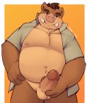 2018 anthro balls belly blush boar clothing digital_media_(artwork) erection fur hair humanoid_penis looking_at_viewer mabit male mammal nude overweight pecs penis porcine slightly_chubby smile solo tusks 