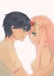  1girl absurdres bangs bare_shoulders black_hair blue_eyes blush breasts chu_dengdeng closed_mouth commentary couple darling_in_the_franxx eyeshadow flower forehead-to-forehead from_side green_eyes hair_flower hair_ornament hetero highres hiro_(darling_in_the_franxx) horns large_breasts long_hair makeup nightgown oni_horns pink_hair red_horns shirt sleeveless sleeveless_shirt smile white_nightgown white_shirt zero_two_(darling_in_the_franxx) 