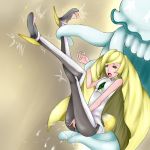  1girl artist_request bare_shoulders between_legs blonde_hair dress feet female flat_chest full_body gen_7_pokemon green_eyes half-closed_eyes hand_between_legs hand_up have_to_pee high_heels leggings legs_crossed legs_up long_hair lusamine_(pokemon) nihilego open_mouth peeing peeing_self pokemon pokemon_(creature) pokemon_sm restrained shoes short_dress simple_background sleeveless sleeveless_dress solo_focus sweat tears tentacle trembling ultra_beast white_dress yellow_background 