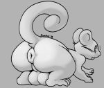  2018 anus balls big_balls big_butt butt feral fluffyfrumples grey_background male mammal monochrome nintendo perineum pok&eacute;mon pok&eacute;mon_(species) puffy_anus rattata rear_view rodent signature simple_background solo surprise teeth thick_thighs video_games 