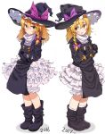  2017 2boys black_footwear black_gloves black_hat blonde_hair bloomers blush boots bow braid brown_eyes closed_mouth cookie_(touhou) flying_sweatdrops full_body gloves hair_bow hat hat_bow hat_ribbon highres holding holding_microphone kirisame_marisa long_hair long_sleeves looking_at_another looking_at_viewer microphone multiple_boys otoko_no_ko pai_kebon_baa parted_lips purple_bow purple_ribbon rei_(cookie) ribbon socks touhou underwear white_legwear witch_hat 