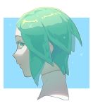 androgynous blue_background colored_eyelashes face green_eyes green_hair highres houseki_no_kuni looking_at_viewer looking_back phosphophyllite profile short_hair solo tea_oden 