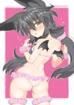  absurdres animal_ears ass bangs bare_shoulders bat_wings bikini black_hair black_wings blush breasts brown_eyes char commentary_request eyebrows_visible_through_hair fingernails frilled_bikini frills hair_between_eyes hair_ornament hair_scrunchie head_tilt highres leg_garter long_hair looking_at_viewer looking_back low_twintails medium_breasts mini_wings necro-san original parted_lips pink_scrunchie polka_dot polka_dot_bikini scrunchie solo sweat swimsuit twintails very_long_hair white_bikini wings wrist_scrunchie 