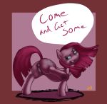  2018 animal_genitalia animal_pussy anus butt cutie_mark dialogue digital_media_(artwork) earth_pony english_text equine equine_pussy female feral friendship_is_magic hair hooves horse mammal my_little_pony pinkamena_(mlp) pinkie_pie_(mlp) pony pussy shdingo solo text underhoof 