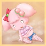  chocoken clothed clothing female navel not_furry sitting slightly_chubby solo strawberry_(chocoken) sweat tengi video_games 