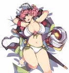  :d armor_removed armpits arms_behind_head bare_shoulders barefoot bikini blush braid breasts cleavage gloves green_eyes headwear_removed helmet helmet_removed highres large_breasts long_hair looking_at_viewer lying navel on_back open_mouth pink_hair ragnarok_online rune_knight sheath sheathed smile solo swimsuit sword teeth weapon white_bikini xration 
