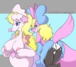  2018 alternate_color anthro big_breasts blonde_hair blue_eyes blush breasts butt clothed clothing delphox digital_drawing_(artwork) digital_media_(artwork) duo english_text fan_character female female/female fur hair hi_res huge_breasts looking_at_viewer mammal nintendo nipples nude panties pok&eacute;mon pok&eacute;mon_(species) primarina rockxi_(character) simple_background smile text tongue toony underwear video_games white_panties ziggy_fox 