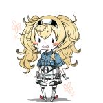  belt belt_buckle blonde_hair blue_shirt blush_stickers breast_pocket buckle buttons chibi chimaki. eyebrows_visible_through_hair full_body gambier_bay_(kantai_collection) gloves kantai_collection long_hair multicolored multicolored_clothes multicolored_gloves open_mouth pocket shadow shirt short_sleeves shorts simple_background solo standing twintails white_background white_shorts 