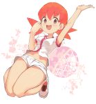  :d akane_(pokemon) arm_up bad_id bad_pixiv_id bangs bare_arms bare_legs blush breasts eyebrows eyebrows_visible_through_hair eyelashes full_body groin gym_leader hair_between_eyes highres jumping knees_together_feet_apart looking_at_viewer medium_breasts midriff navel nyonn24 open_mouth pink_eyes pink_hair pokemon pokemon_(game) pokemon_gsc shirt shoes short_hair short_shorts short_sleeves shorts smile solo stomach thighs twintails white_background white_footwear white_shirt white_shorts 