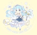  2019 animal bangs bare_shoulders beamed_eighth_notes blue_dress blue_eyes blue_footwear blue_hair blush bunny butterfly_hair_ornament closed_mouth commentary_request cup detached_collar detached_sleeves dress eighth_note eyebrows_visible_through_hair food hair_between_eyes hair_ornament hatsune_miku juliet_sleeves lf long_hair long_sleeves looking_at_viewer muffin musical_note musical_note_hair_ornament pocket_watch puffy_sleeves saucer shoes snowflake_hair_ornament snowflakes standing standing_on_one_leg steam strapless strapless_dress teacup thighhighs tiara twintails very_long_hair vocaloid watch white_collar white_legwear yellow_background yuki_miku yukine_(vocaloid) 