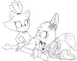  2018 anthro big_butt blaze_the_cat blush butt camel_toe cat clothed clothing dipstick_tail embarrassed feline happy hearlesssoul lemur mammal monochrome multicolored_tail primate smile sonic_(series) spread_legs spreading sweat tangle_the_lemur 