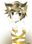  animal_ears atobesakunolove blush brown_eyes brown_hair character_request closed_mouth gradient gradient_background grey_background heart heart-shaped_pupils kemonomimi_mode looking_at_viewer messy_hair monochrome naked_ribbon overwatch ribbon short_hair signature solo symbol-shaped_pupils tracer_(overwatch) upper_body 