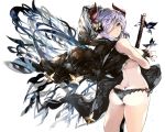  animal ass bangs bare_shoulders black_cape black_gloves black_panties breasts bug butt_crack butterfly butterfly_hair_ornament cape closed_mouth commentary_request curled_horns draph fingerless_gloves gloves granblue_fantasy grey_eyes hair_ornament hair_over_one_eye highres horns insect katana large_breasts looking_at_viewer looking_back narmaya_(granblue_fantasy) panties pointy_ears purple_hair sheath sheathed side-tie_panties solo sword underwear venomrobo weapon white_background 
