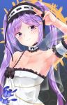  arm_up armpits bangs bare_shoulders black_bow blue_background blush bow breasts choker cleavage closed_mouth collarbone commentary_request dress euryale eyebrows_visible_through_hair fate/hollow_ataraxia fate_(series) fingernails frilled_choker frilled_hairband frills hairband head_tilt highres long_hair looking_at_viewer purple_eyes purple_hair ribbon-trimmed_choker ribbon-trimmed_hairband ribbon_trim see-through simple_background siroimo0828 small_breasts solo strapless strapless_dress twintails upper_body very_long_hair white_choker white_dress white_hairband 