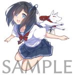  :d animal bangs black_hair blue_eyes blue_ribbon blue_sailor_collar blue_skirt blush bow collarbone commentary_request eyebrows_visible_through_hair fox hair_ribbon long_hair one_side_up open_mouth original pleated_skirt red_bow ribbon sailor_collar sample school_uniform serafuku shirt short_sleeves simple_background skirt smile solo suzunari_shizuku white_background white_shirt yuki_arare 