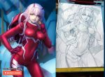  1girl aqua_eyes bodysuit breasts candy covered_nipples darling_in_the_franxx eyeshadow food green_eyes hairband hand_on_hip holding_lollipop horns lollipop makeup mecha medium_breasts oni_horns pilot_suit pink_hair pink_lips red_bodysuit red_horns shiny shiny_hair sketch skin_tight straight_hair strelizia traditional_media white_hairband xong zero_two_(darling_in_the_franxx) 