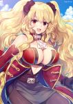 :d anne_bonny_(fate/grand_order) artist_name bangs bare_shoulders belt belt_buckle black_skirt blonde_hair blue_sky blush breasts brown_legwear buckle cleavage cloud commentary_request day detached_sleeves eyebrows_visible_through_hair fate/grand_order fate_(series) hagino_kouta hair_between_eyes highres jacket large_breasts long_hair long_sleeves looking_at_viewer open_mouth outdoors pantyhose red_eyes red_jacket sidelocks skirt sky smile solo two_side_up very_long_hair 
