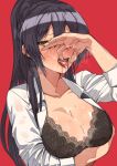  :d black_bra black_hair blush bra breasts cleavage cum cum_on_body cum_on_breasts cum_on_upper_body erere idolmaster idolmaster_shiny_colors long_hair nipples open_clothes open_mouth ponytail red_background see-through shirase_sakuya simple_background smile solo teeth tongue tongue_out underwear yellow_eyes 