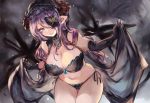  bare_shoulders black_bra black_gloves black_panties blue_eyes bra breasts butterfly_hair_ornament cape cleavage commentary_request draph elbow_gloves fingerless_gloves gloves granblue_fantasy grin hair_ornament hair_over_one_eye highres hood horns large_breasts leaning_forward long_hair mi_bait mismatched_gloves narmaya_(granblue_fantasy) navel panties pointy_ears purple_hair short_hair smile solo standing teeth thigh_gap underwear 
