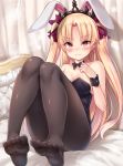  3: animal_ears bangs bare_shoulders black_bow black_legwear black_leotard blonde_hair blush bow breasts bunny_ears bunny_girl bunnysuit cleavage closed_mouth collarbone commentary_request ereshkigal_(fate/grand_order) eyebrows_visible_through_hair fate/grand_order fate_(series) feet hair_bow hand_on_own_chest hand_up highres indoors leotard long_hair medium_breasts no_shoes pantyhose parted_bangs purple_bow red_eyes shimokirin sitting soles solo sparkle strapless strapless_leotard tiara two_side_up very_long_hair wrist_cuffs 