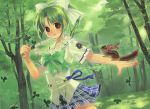  blue_ribbon blue_skirt bow bowtie brown_eyes closed_mouth clover commentary_request forest green green_hair green_neckwear green_shirt hair_bow hand_up holding jewelry kuga_tsukasa looking_at_viewer nature necklace pleated_skirt ponytail red_ribbon ribbon shirt short_hair short_sleeves skirt smile solo squirrel standing tooyama_midori yoake_mae_yori_ruri_iro_na 
