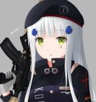  assault_rifle beret breasts character_name facepaint german_flag girls_frontline gloves green_eyes gun hair_ornament hat heckler_&amp;_koch highres hk416 hk416_(girls_frontline) holding holding_gun holding_weapon iron_cross keenh long_hair looking_at_viewer medium_breasts military_jacket open_mouth rifle silver_hair simple_background solo upper_body weapon 