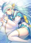  aqua_hair blush bow closed_mouth commentary_request dragon_girl dragon_horns eyebrows_visible_through_hair fate/grand_order fate_(series) highres horns japanese_clothes kimono kiyohime_(fate/grand_order) long_hair lying minamo25 obi on_side sash solo sparkle thighhighs twitter_username white_legwear wide_sleeves yellow_bow yellow_eyes 