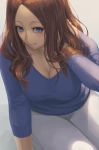  arm_support blue_eyes blue_sweater breasts brown_hair casual cleavage collarbone fate/grand_order fate_(series) hand_on_own_shoulder highres large_breasts leaning_forward leonardo_da_vinci_(fate/grand_order) long_hair looking_at_viewer pants parted_lips ranma_(kamenrideroz) sitting smile solo sweater white_pants 