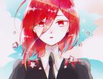  ahoge androgynous blue_sky face gem_uniform_(houseki_no_kuni) hair_between_eyes houseki_no_kuni long_bangs looking_at_viewer mercury necktie neyo_(1864_yynn) red_eyes red_hair shinsha_(houseki_no_kuni) short_hair sky solo 