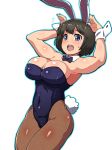  :d animal_ears blue_leotard blue_neckwear blue_outline body_blush bow bowtie breasts brown_hair brown_legwear bunny_ears bunny_tail bunnysuit commentary_request covered_navel cowboy_shot detached_collar fishnet_legwear fishnets flying_sweatdrops fukurou_(owl222) hands_up highres large_breasts legs_together leotard looking_at_viewer major major_2nd open_mouth outline shimizu_kaoru short_hair smile solo standing sweatdrop tail wing_collar wrist_cuffs 