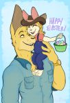 barefoot blonde_hair blue_pants buns-n-spurs clothing cowboy_hat daughter duo easter easter_eggs english_text father hair hat holidays lagomorph mammal overalls parent pink_shirt rabbit russell_rabbitt text watch 
