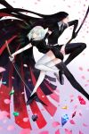  absurdly_long_hair absurdres androgynous ass black_eyes black_hair bort chayi colored_eyelashes crystal diamond_(houseki_no_kuni) elbow_gloves gem gem_uniform_(houseki_no_kuni) gloves highres holding holding_sword holding_weapon houseki_no_kuni left-handed long_hair looking_at_viewer multicolored multicolored_eyes multicolored_hair multiple_others necktie petals rainbow_eyes rainbow_hair reverse_grip short_hair smile sparkle sword thighhighs very_long_hair weapon 