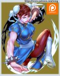  blue_dress boots bracelet brown_eyes brown_hair brown_legwear bun_cover china_dress chinese_clothes chun-li double_bun dress earrings fighting_stance jewelry kicking muscle pantyhose pelvic_curtain puffy_short_sleeves puffy_sleeves sash short_sleeves side_slit spiked_bracelet spikes street_fighter thick_thighs thighs white_footwear xong 