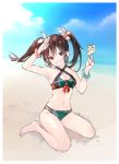  adapted_costume bangle barefoot beach bikini bracelet breasts brown_eyes brown_hair commentary_request day ebi_(emybiii) food full_body green_bikini grin hair_between_eyes hair_ribbon jewelry kantai_collection kneeling long_hair medium_breasts multi-strapped_bikini navel outdoors popsicle ribbon salute smile solo swimsuit tone_(kantai_collection) twintails white_ribbon 