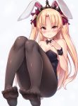  3: animal_ears bangs bare_shoulders black_bow black_legwear black_leotard blonde_hair blush bow breasts bunny_ears bunny_girl bunny_tail bunnysuit cleavage closed_mouth collarbone ereshkigal_(fate/grand_order) eyebrows_visible_through_hair fate/grand_order fate_(series) feet grey_background hair_bow hand_on_own_chest hand_up highres indoors leotard long_hair medium_breasts no_shoes pantyhose parted_bangs purple_bow red_eyes shimokirin simple_background sitting soles solo strapless strapless_leotard tail tiara two_side_up very_long_hair wrist_cuffs 