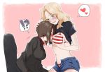  2girls :d american_flag_bikini bikini bikini_under_clothes blonde_hair blue_shorts blush breast_smother breasts brown_hair commentary covered_navel face_to_breasts flag_print girls_und_panzer hair_intakes hand_on_another's_head heart kay_(girls_und_panzer) kuromorimine_military_uniform long_hair multiple_girls nishizumi_maho open_mouth pink_background short_hair short_shorts shorts sidelocks sitting smile swimsuit thought_bubble unzipped yuri yuuhi_(arcadia) 