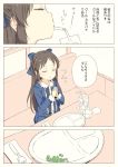  3koma bangs bendy_straw blue_bow blue_dress blush bow brown_hair closed_eyes comic commentary_request couch cup dress drinking_glass drinking_straw fork gomennasai hair_bow half_updo ice ice_cube idolmaster idolmaster_cinderella_girls long_hair long_sleeves own_hands_together palms_together parted_lips peas plate sitting solo speech_bubble table tachibana_arisu translation_request very_long_hair 