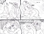  2015 after_sex alphys anthro bed bedroom black_and_white blush breasts claws collar comic dialogue duo english_text eyewear female female/female glasses hug leash marine monochrome nipples nude pen_(artwork) reptile scalie sex slightly_chubby small_breasts smile teeth text toe_claws tongue traditional_media_(artwork) undertaild undertale undyne vaginal video_games 