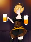  ^_^ adapted_costume alcohol apron bangs bare_arms beer beer_mug black_apron black_legwear blonde_hair bow breasts brown_bow brown_dress cleavage closed_eyes closed_mouth collarbone commentary_request cowboy_shot cup dirndl dress eyebrows_visible_through_hair fang fang_out german_clothes hair_bow hands_up high_ponytail highres holding holding_cup indoors jakomurashi kurodani_yamame short_dress short_hair short_ponytail short_sleeves smile solo swept_bangs thighhighs touhou underbust waist_apron zettai_ryouiki 