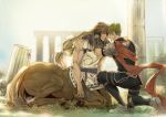  achilles_(fate) brown_hair centaur chiron_(fate) closed_eyes fate/apocrypha fate/grand_order fate_(series) full_body gloves grass greek green_hair hermithessa kneeling long_hair low_tied_hair male_focus multiple_boys one_knee outdoors pauldrons red_scarf scarf short_hair student-teacher 
