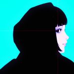  aqua_background asian black_eyes black_hair close-up closed_mouth commentary diffraction_spikes expressionless eyelashes eyes from_behind hood hood_up ilya_kuvshinov lips looking_at_viewer looking_back nose original profile realistic short_hair simple_background solo upper_body 