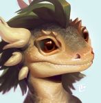  2018 brown_eyes digital_media_(artwork) gecko green_hair hair headshot_portrait horn lizard locksto portrait reaction_image reptile scales scalie simple_background solo 