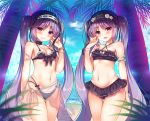  ass_visible_through_thighs bangs beach bikini bikini_skirt black_bikini blurry breasts cleavage cowboy_shot day depth_of_field dress euryale eyebrows_visible_through_hair fate/grand_order fate/hollow_ataraxia fate_(series) frilled_bikini frills hairband headdress jewelry lolita_hairband long_hair maid multiple_girls navel necklace open_mouth palm_tree pearl_necklace purple_eyes purple_hair sarong siblings sisters small_breasts smile stheno strapless strapless_dress suzune_rena swimsuit tree twins twintails 