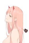  blue_eyes breasts darling_in_the_franxx horns long_hair looking_at_viewer nude pink_hair red_horns reroi simple_background smile solo translation_request upper_body white_background zero_two_(darling_in_the_franxx) 