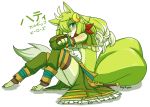  anthro barefoot blue_eyes blush breasts canine clothing crossed_arms dog female full_bokko_heroes_x fullbokko_heroes fur furbook_heroes green_fur green_hair hair hati_(full_bokko_heroes_x) hati_(fullbokko_heroes) japanese_text kemono long_hair long_tail mammal panties panty_shot simple_background sitting skykain solo text underwear white_background wolf 