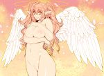  angel angel_wings bare_shoulders breasts censored cleavage cowboy_shot elf feathered_wings grin halo hisahiko long_hair looking_at_viewer mosaic_censoring navel nipples nude original petals pink_eyes pink_hair pointy_ears ponytail pubic_hair puffy_nipples pussy smile solo two_side_up wings work_in_progress 