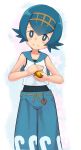  bad_id bad_pixiv_id bangs bare_arms bare_shoulders black_swimsuit blue_eyes blue_hair blue_pants blue_sailor_collar blush bright_pupils brown_hairband closed_mouth collarbone crop_top eyebrows eyebrows_visible_through_hair hair_between_eyes hairband head_tilt highres holding looking_at_viewer nugget_(pokemon) nyonn24 one-piece_swimsuit pants pokemon pokemon_(game) pokemon_sm sailor_collar shirt short_hair sleeveless sleeveless_shirt smile solo star starry_background suiren_(pokemon) swimsuit swimsuit_under_clothes tareme trial_captain white_pupils white_shirt 